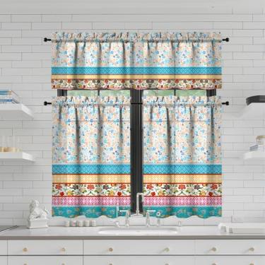 Imagem de Tapesb Conjunto de 3 peças de cortina de cozinha com flores florais engraçadas cortinas de janela pequenas sobre a pia essenciais para decoração de cozinha, quarto, lavanderia, 69,8 x 91,4 cm