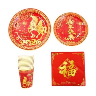 Imagem de KYMY Conjunto de louça descartável de ano novo chinês de 2026, 60 peças de pratos de ano novo lunar, copos de guardanapos, cavalos do zodíaco, utensílios de mesa para festas asiáticas chinesas