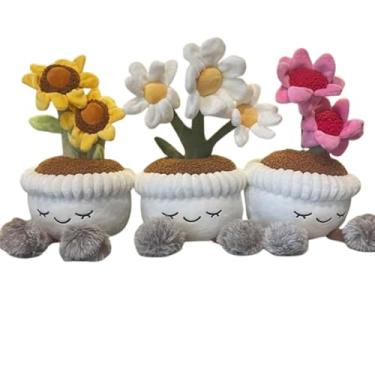 Imagem de Conjunto de 3 plantas em vaso de pelúcia macia, margarida, girassol, equinácea rosa. Perfeito como decoração de casa ou escritório, decoração de mesa de presente, mordaça, presentes para ela ou