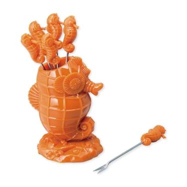 Imagem de Conjunto de 7 palhetas de cavalo-marinho com suporte, garfos de aperitivo reutilizáveis para queijo, frutas, lanches, festa ou bar, suporte de poliresina e 6 palhetas de aço inoxidável