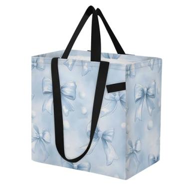 Imagem de SEHANY Sacolas de compras reutilizáveis com laço azul fofo com alças reforçadas, bolsa de compras de lona dobrável à prova d'água de grande capacidade para viagem, cozinha, praia