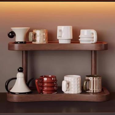 Imagem de VZQJHKMPXFS Elegante suporte para exibição de caneca de café de nogueira – organizador de copos de bancada de 2 camadas para cozinha, banheiro e escritório