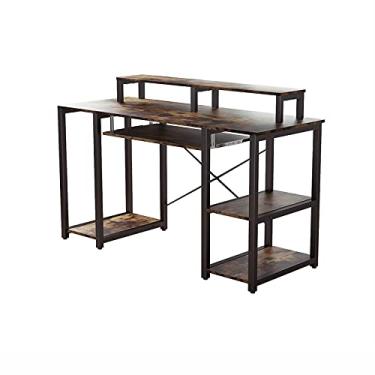 Imagem de U5GAAALPPQ9 Mesa de computador com suporte para monitor moderna e resistente com bandeja de teclado e prateleiras de armazenamento para casa, escritório, mesa de jogos, laptop, estação de trabalho