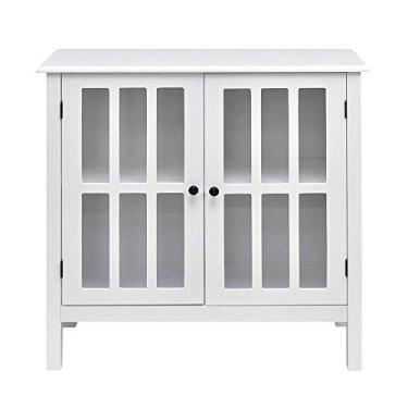 Imagem de Buffet de armazenamento branco armário de vidro porta aparador console mesa servidor display pinho MDF placa vidro temperado 81,3 cm x 35,56 cm x 78,7 cm (CxLxA) do conjunto