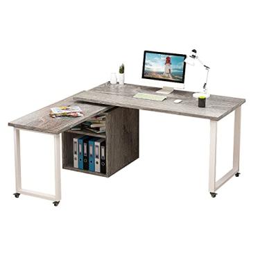 Imagem de U5GAAALPPQ9 Mesa dobrável para computador, mesa de escritório em casa ajustável com armários de armazenamento e topo espaçoso, mesa de jogos com design telescópico (cinza)
