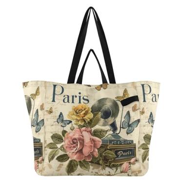 Imagem de SEHANY Sacola de compras reutilizável da Torre Eiffel de Paris com alças reforçadas, bolsa de compras de lona dobrável à prova d'água de grande capacidade para viagem, cozinha, praia