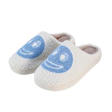 Imagem de Chinelos Smile Face para mulheres e homens, retrô, macio, quente, casal, estilo casal, antiderrapante, antiderrapante, forrado com lã, sapatos para casa, para uso interno e externo, Branco, azul, 5