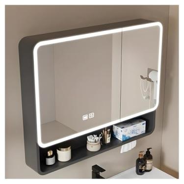 Imagem de Armário de remédios iluminado por LED com espelho, montado na parede, barra de toalha, desembaçamento, escurecimento contínuo - cinza, 70 x 13 x 88 cm (28 x 5 x 35 pol) - solução moderna de