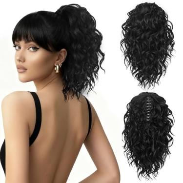 Imagem de ZQIAN BEAUTY Rabos de cavalo com clipe para mulheres - extensão de rabo de cavalo preto encaracolado de 30 cm, extensões de cabelo cacheado rabo de cavalo, extensões de cabelo sintético rabo de cavalo