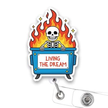 Imagem de SODAVA Carretel de crachá de esqueleto engraçado – Clipe retrátil para porta-identidade Living The Dream, tema fogo lixeira, acessório para enfermeiros, profissionais de saúde e funcionários