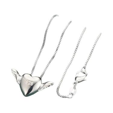 Imagem de Colar Feminino Com Pingente De Coração E Asas De Anjo Em Prata Esterli