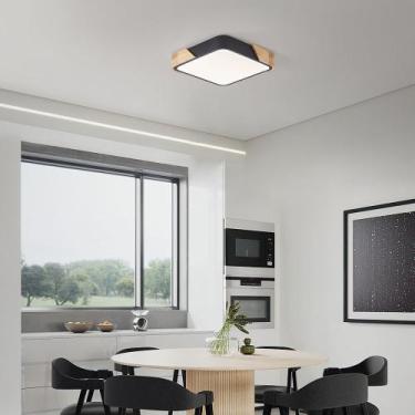 Imagem de Luminária Plafon Led Sobrepor Quadrado Detalhe De Madeira Branco Preto