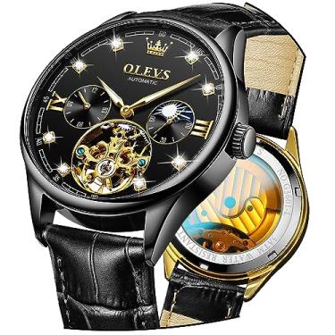 Imagem de OLEVS Relógio de pulso masculino automático de luxo com diamante, mecânico, com corda automática, à prova d'água, luminoso, masculino, Todo preto, Mecânica