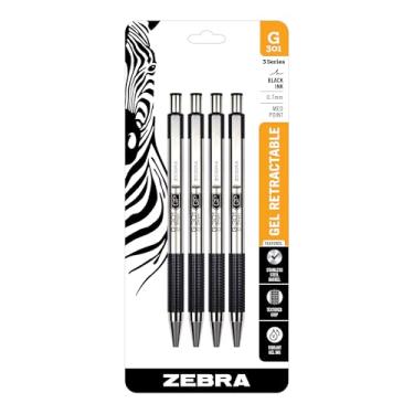 Imagem de Zebra Pen Pacote com 4 canetas de gel G-301, tinta preta, ponta média de 0,7 mm, barril de aço inoxidável, aderência texturizada confortável, clipe de metal seguro, comprimento curto para fácil