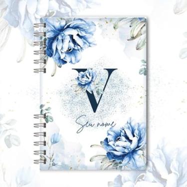 Imagem de Caderno A5 floral azul capa dura personalizado com inicial e nome, caderneta para anotações, caderno de anotações pautado ou sem pauta para estudo, organização e uso diário (V)