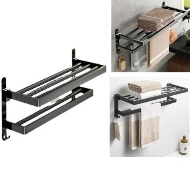 Imagem de Toalheiro Duplo Aluminio Porta Toalha 2 Prateleiras Black Retratil Dob