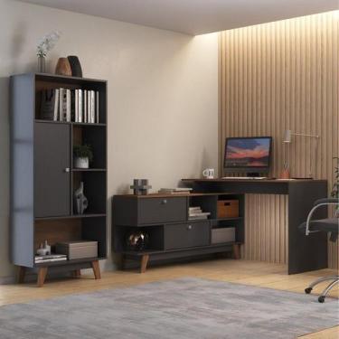 Imagem de Conjunto 2 Peças Escrivaninha em L 120x136cm e Estante 1 Porta Retrô G