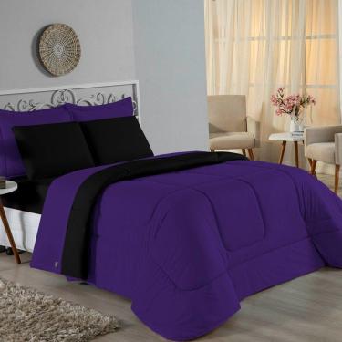 Imagem de Kit Edredom Dupla Face + Jogo De Lençol Queen Nobre 6 Peças Malha 100% Algodão - Roxo / Preto