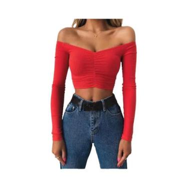 Imagem de Camiseta Feminina De Manga Longa Com Ombros Descidos Em Cor Sólida, Mo