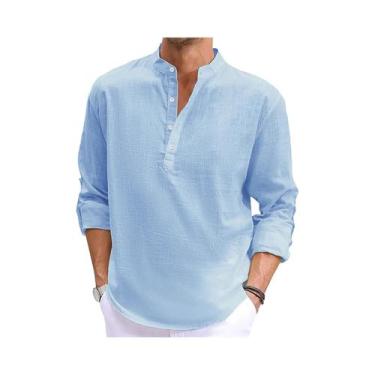 Imagem de Camiseta Masculina De Linho E Algodão De Manga Longa Leve Respirável C