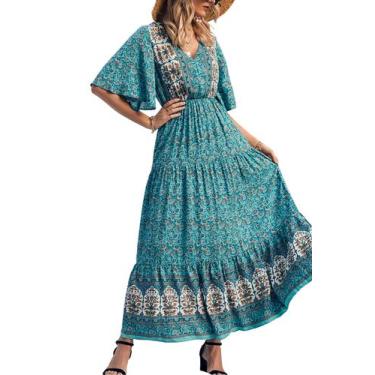 Imagem de Vestido PRETTYGARDEN Boho Floral Decote V Manga Curta Médio