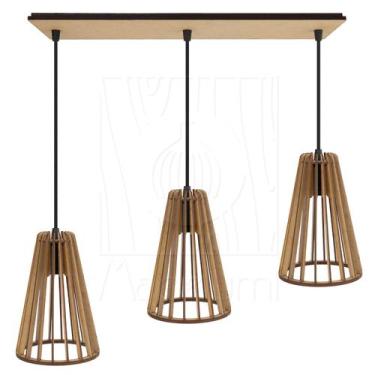 Imagem de Luminária Pendente Triplo Madeira Koni 20cm CQ Soquete E27, Rústico, B