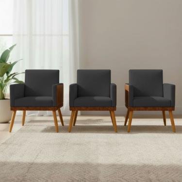 Imagem de Kit 3 Poltronas Decorativas Lis Para Sala Quarto Recepção Linho Corino Assento Confortável Pé Palito Castanho