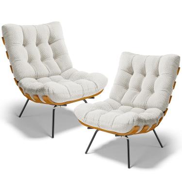 Imagem de Kit 2 Poltronas Decorativas Costela L02 Bouclê Fibra Siliconada Bege Lyam Decor