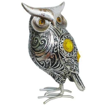 Imagem de Escultura Coruja 12cm Prata Envelhecida Pedras e Pés Metal - Zona Livr