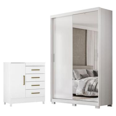 Imagem de Guarda Roupa Casal Riva Branco Amêndola Touch Flex Com Espelho E Pés E Cômoda Montevide...