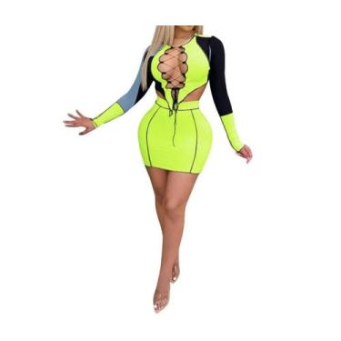 Imagem de N-B0103-Conjunto Feminino Blusa Top Cropped Saia Festa Balada Neon - X