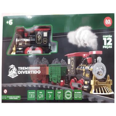 Imagem de Locomotivas Trem Divertido Solta Fumaça com Efeitos de Som e Movimento 2 Vagões e Trilhos Ark Brasil
