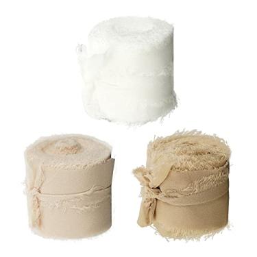 Imagem de 3 Rolls Fringe Chiffon Silk-like, 1,5 Polegada 5 Yards Requintada Riband para Buquês Convites de casamento Decoração de embrulho de, Branco + Bege