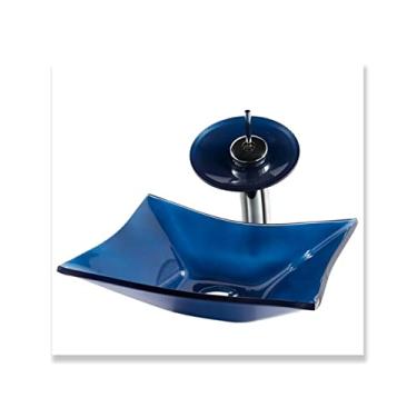 Imagem de Cuba Quadrada 30cm + Torneira Cascata + Valvula - Kit Azul