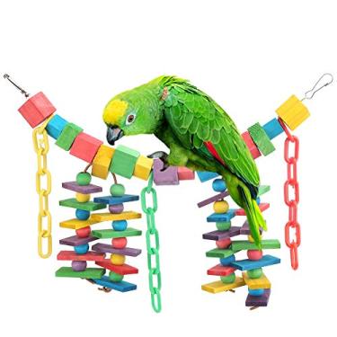 Imagem de Blocos de madeira de papagaio ripas brinquedo bloco de madeira colorido corrente de plástico ponte macia pendurada morder brinquedo de mastigar gaiola de pássaro brinquedos de balanço papagaio arco-íris brinquedo de escalada