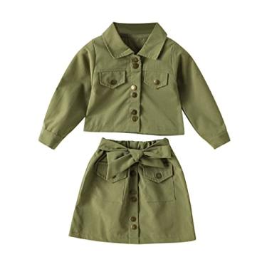 Imagem de Jaqueta de manga comprida para bebês e meninas para crianças pequenas camisetas saias com botão de arco 2 peças roupas para bebês meninas (verde exército, 5-6 anos)
