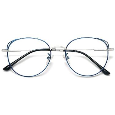 Imagem de SOJOS Óculos de bloqueio de luz azul olho de gato Hipster armação de metal óculos femininos She Young, Azul, prata,