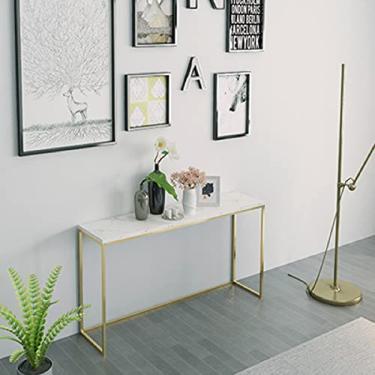 Imagem de KRASS Mesa de console estreita, suporte de metal fácil de instalar 80/100/120 cm mesa de console de mármore preto e branco, branco, 80 * 30 * 80 cm, Collector8