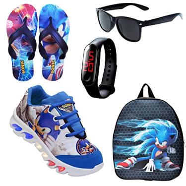 Imagem de Kit Tênis De Led Infantil Menino Masculino Sonic + Chinelo + Mochila + Óculos + Relógio, Tamanho 28