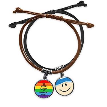 Imagem de DIYthinker Pulseira LGBT com a bandeira bissexual, gay, lésbica, transgênero, pulseira de couro com face sorridente