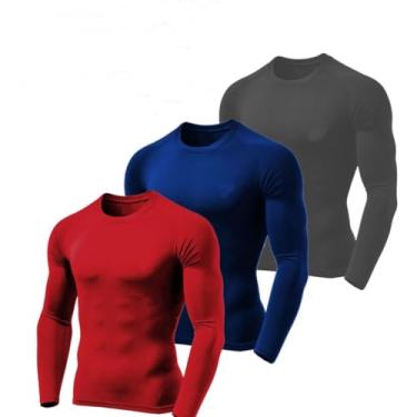 Imagem de Kit 3 Camisetas Masculinas Segunda Pele Térmica Proteção Solar Uv 50+ Manga Longa Dry Fit (P, Chumbo/Vermelho/Azul Marinho)