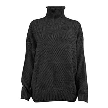 Imagem de Howstar Suéter feminino 2023 outono gola tartaruga sólido manga longa pulôver de malha grande casual solto suéter grosso tops, Z1 - preto, XX-Large
