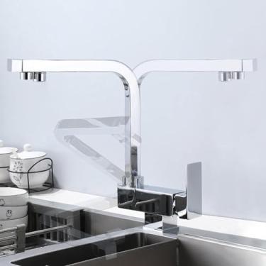 Imagem de Torneira de cozinha de 3 vias com filtro de água, torneira dobrável para água potável, saída dupla, pia de cozinha, torneiras misturadoras, cromada, modo único