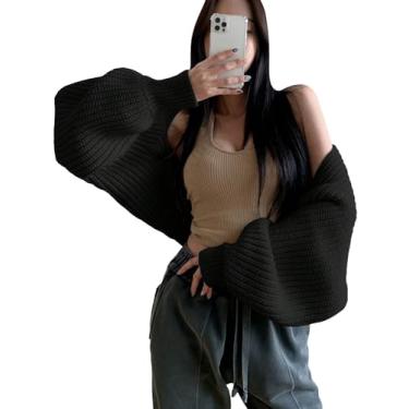 Imagem de COZYEASE Cardigã feminino cropped suéter Y2k manga longa frente aberta malha bolero suéter streetwear moderno, Preto liso, GG