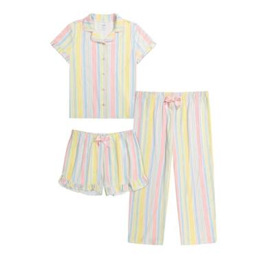 Imagem de Us Angels Pijama de botão ultramacio para meninas, conjunto de pijama de 3 peças, pijama para meninas adolescentes, tamanho 7-16, Listrado., 10-12