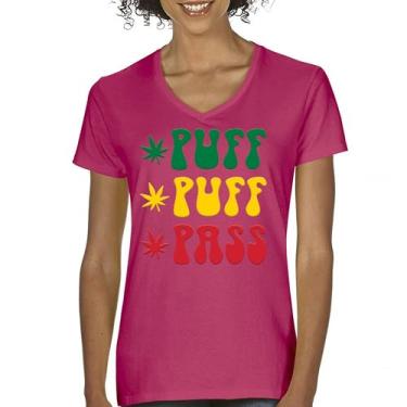 Imagem de Camiseta feminina Puff Puff Pass gola V 420 Weed Lover Pot Leaf Smoking Marijuana Legalize Cannabis Funny High Pothead Tee, Rosa choque, XXG