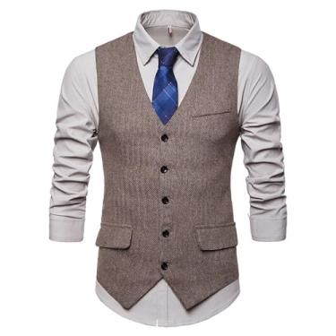 Imagem de Colete masculino de outono com decote em V estilo colete masculino casual para negócios, Caqui, Small