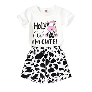 Imagem de YOUNGER TREE Roupas para bebês meninas camiseta melancia + shorts de linho com cinto lindo conjunto curto de verão, Vaca bonita, 5-6 Anos