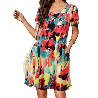 Imagem de JollieLovin Vestido feminino casual de verão 2024 com decote em V plus size camiseta de manga curta vestido de sol solto, Flor com 80 botões, 2X
