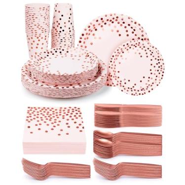 Imagem de 224 peças de artigos de festa, conjuntos de pratos de festa com pontos rosa e ouro rosa, copos e guardanapos com facas de plástico, garfos, colheres, talheres descartáveis servem 32 conjuntos para casamento, aniversário, formatura, festivais